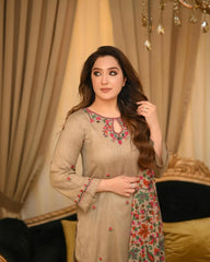 3PC EMBROIDERED DHANAK SUIT - ZN-1413