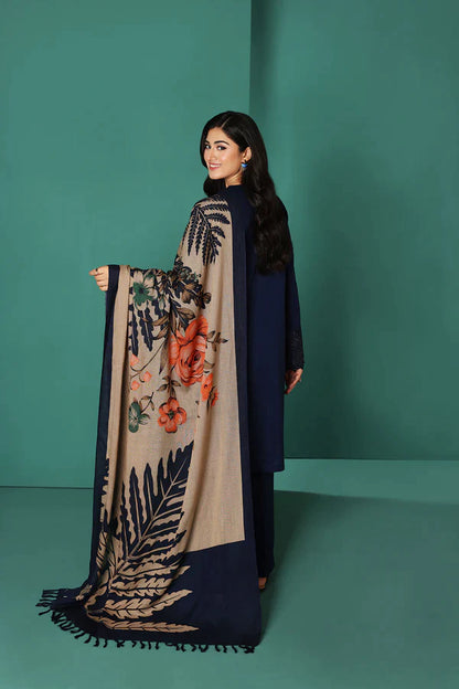 ZN585-WINTER Nishat Blue Linen Embroidered three piece With Printed Wool Shawll