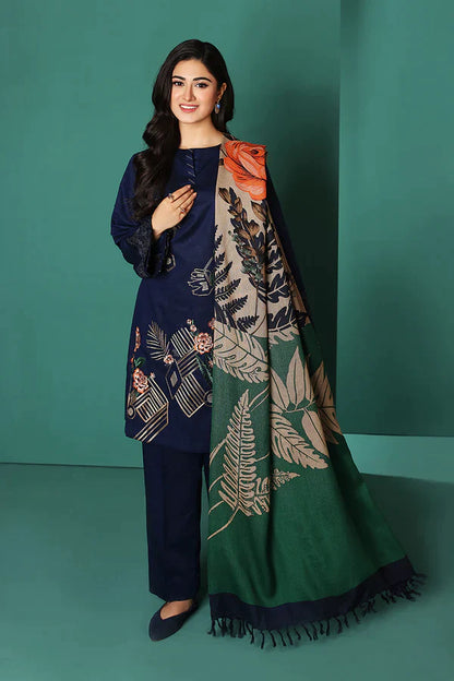 ZN585-WINTER Nishat Blue Linen Embroidered three piece With Printed Wool Shawll