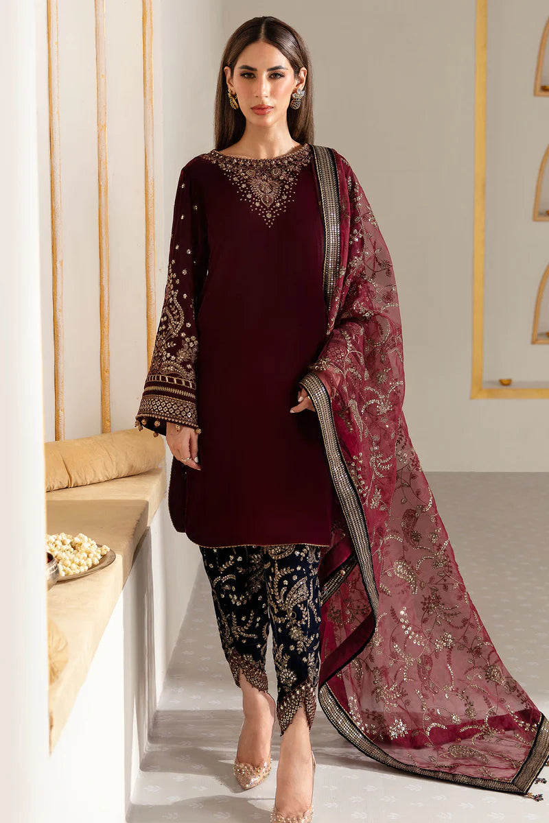 ZN901-Winter Velvet Unstitched 3PCs Embroidered  Dress With Organza Dupatta
