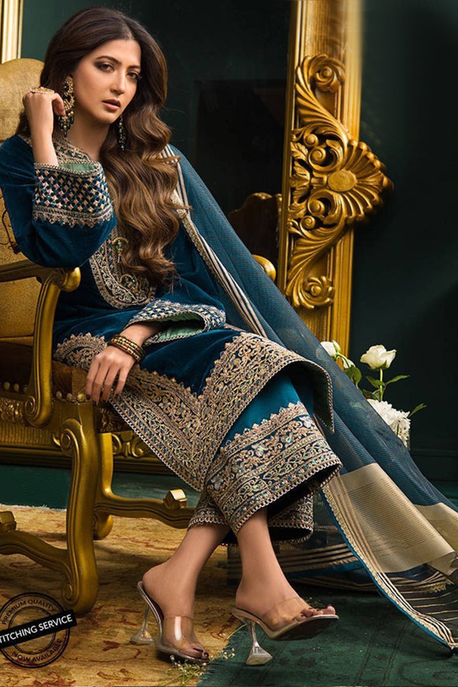 ZN414-WINTER Heavy Embroidered Velvet Dress with Silk Trouser