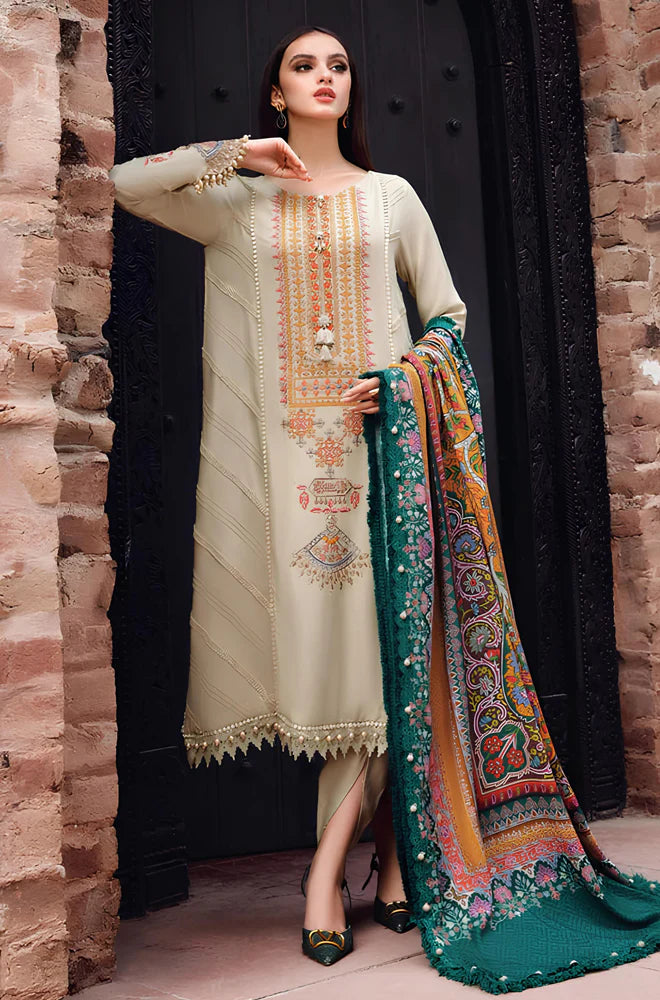 ZN539-WINTER 3PC Dhannak Embroidered suit with Printed Shawll