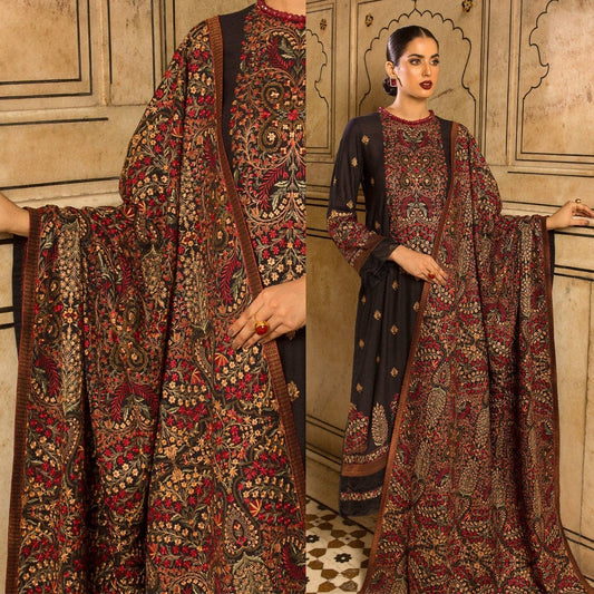 ZN546-WINTER 3-Pc Embroidered Dhanak Suit with Heavy Embroidered Dhanak Shawll