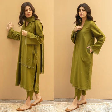 3PC EMBROIDERED DHANAK SUIT - ZN-564