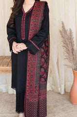 ZN628-3PC Dhannak Embroidered suit with Printed Shawll