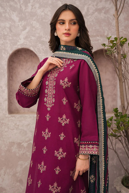 ZN619-WINTER 3PC Dhannak Embroidered suit with Printed Shawll