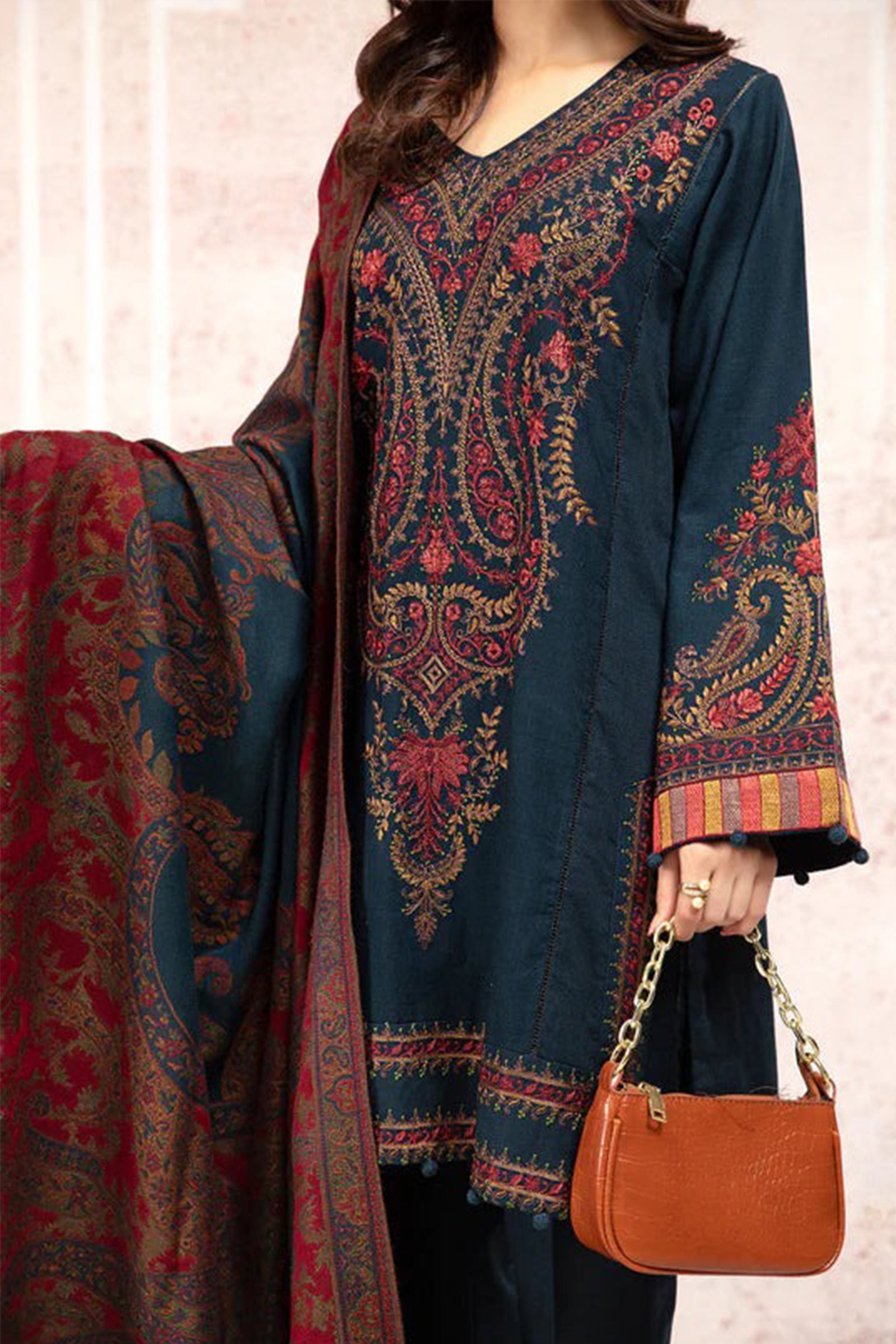 ZN582-WINTER 3PC Khaddar Embroidered Suit with Printed Wool Shawll