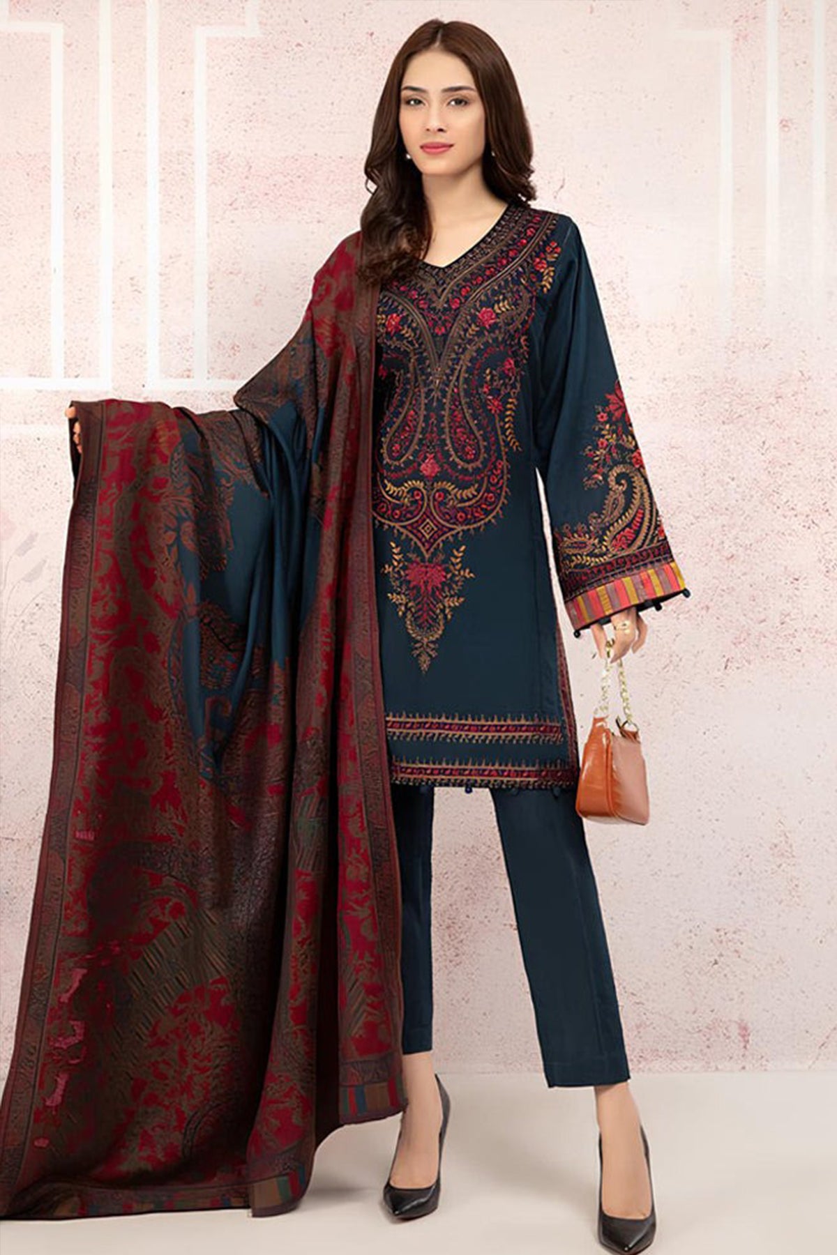 ZN582-WINTER 3PC Khaddar Embroidered Suit with Printed Wool Shawll