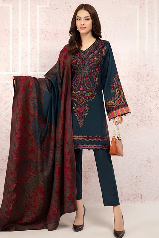 ZN582-WINTER 3PC Khaddar Dhanak Embroidered Suit with Printed Wool Shawll