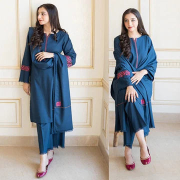 3PC EMBROIDERED DHANAK SUIT - ZN-615