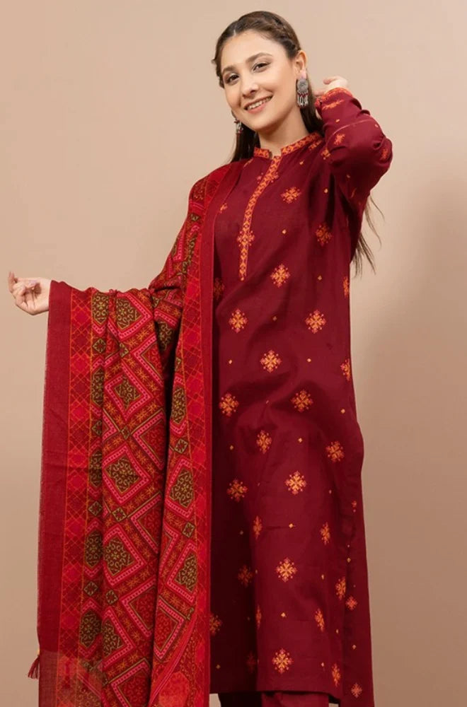 ZN905-3PC Winter Dhannak Embroidered suit with Printed Shawll