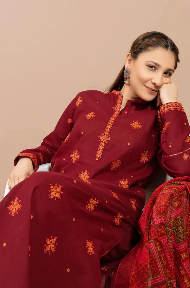 ZN905-3PC Winter Dhannak Embroidered suit with Printed Shawll