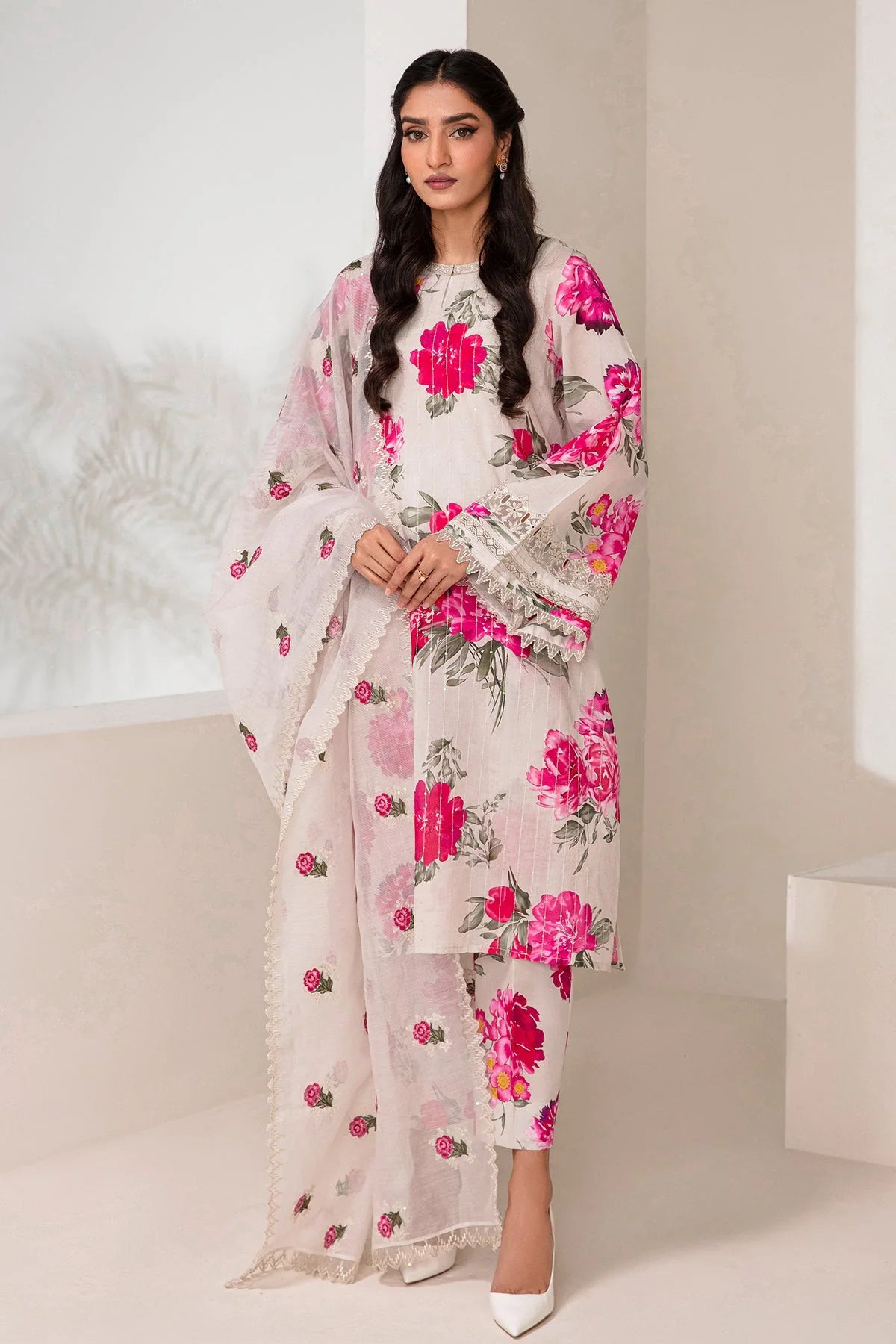 ZN725-SUMMER 3 Piece Unstitched Digital Printed Lawn Suit - Digital Printed Daimond Dupatta