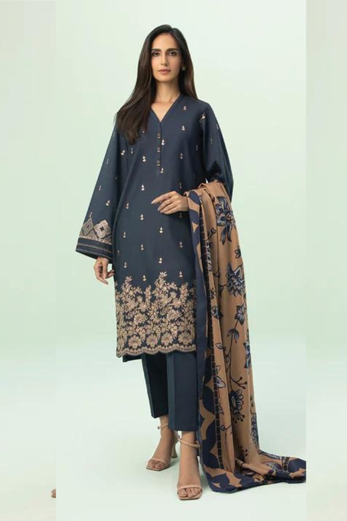 ZN588-WINTER 3PC Dhannak Embroidered suit with Printed Shawll