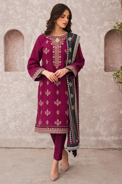 ZN619-WINTER 3PC Dhannak Embroidered suit with Printed Shawll