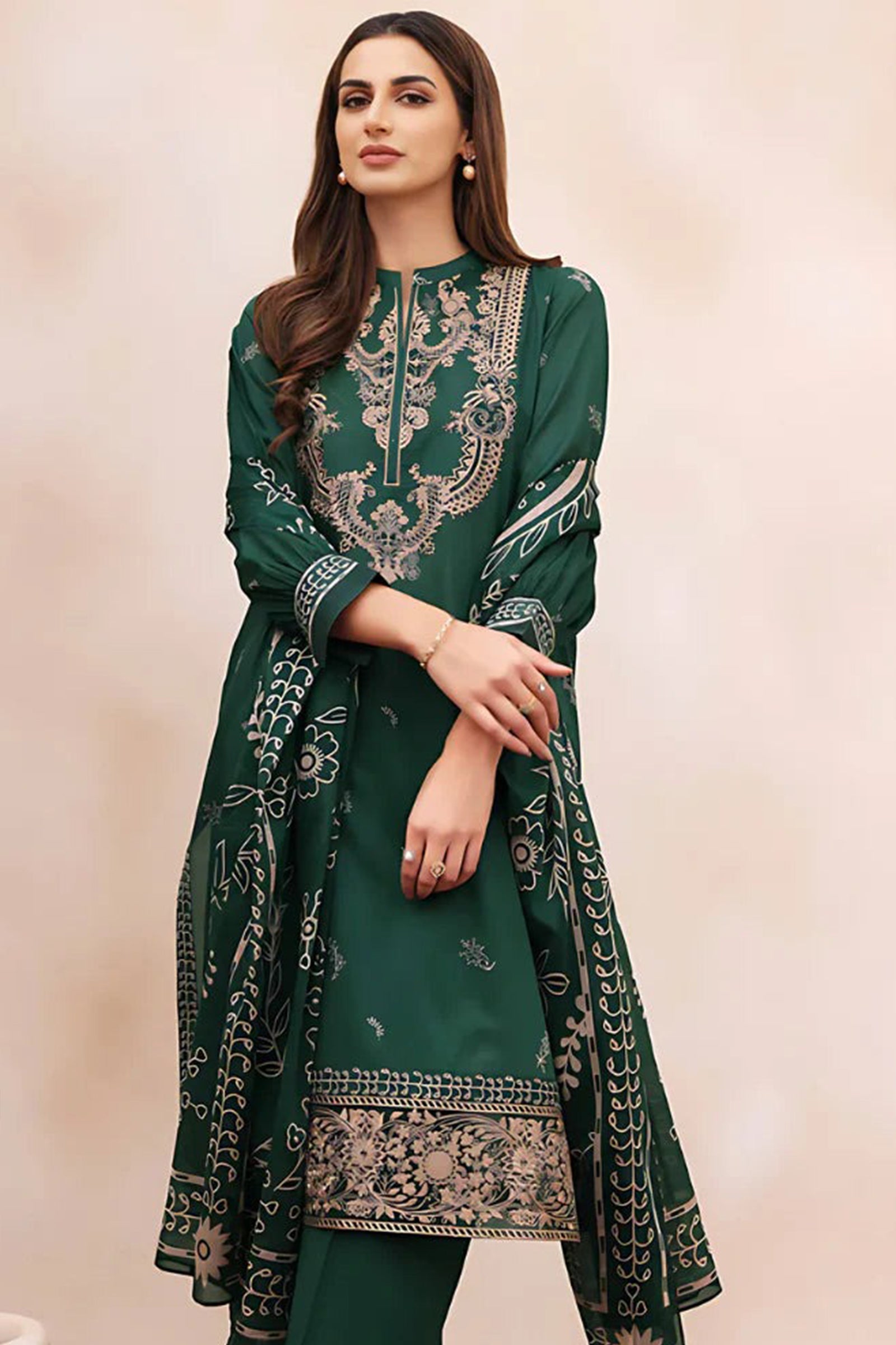 ZN938-WINTER 3PC Dhannak Embroidered suit with Printed Shawll