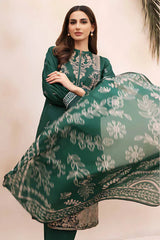 ZN938-WINTER 3PC Dhannak Embroidered suit with Printed Shawll