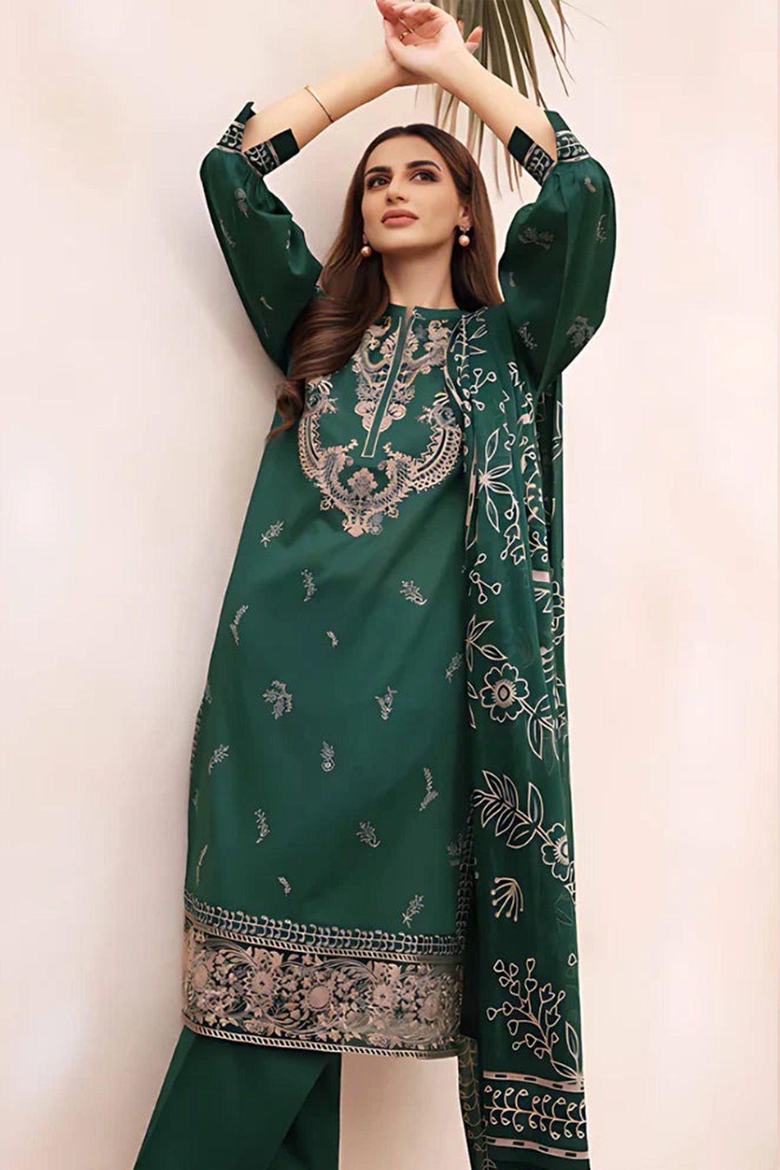ZN938-WINTER 3PC Dhannak Embroidered suit with Printed Shawll