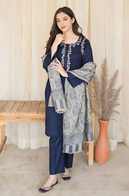 ZN627-3PC Dhannak Embroidered suit with Printed Shawll