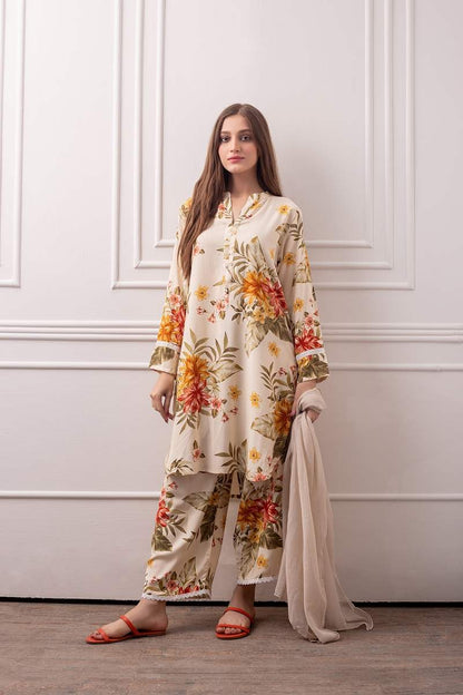 ZN723-SUMMER 3 Piece Unstitched Digital Printed Lawn Suit - Plain chiffon Dupatta