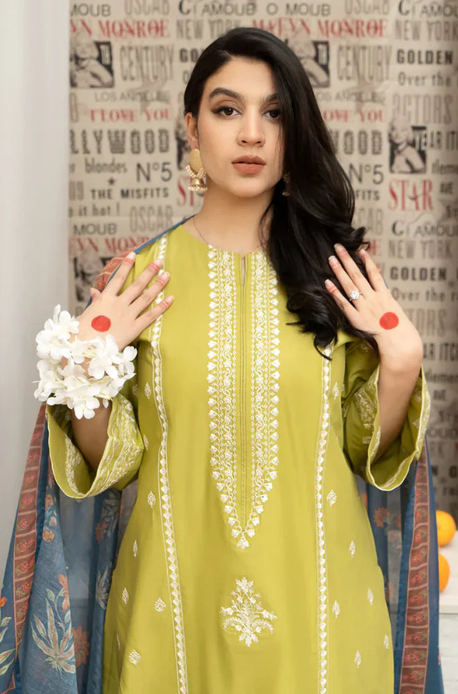 ZN933-WINTER 3PC Dhannak Embroidered suit with Printed Shawll
