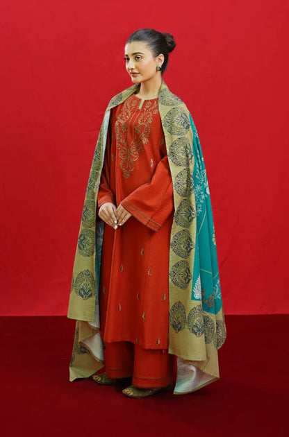 ZN963-WINTER 3PC Dhannak Embroidered suit with Printed Shawll