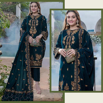 3PC EMBROIDERED VELVET SUIT - ZN-402