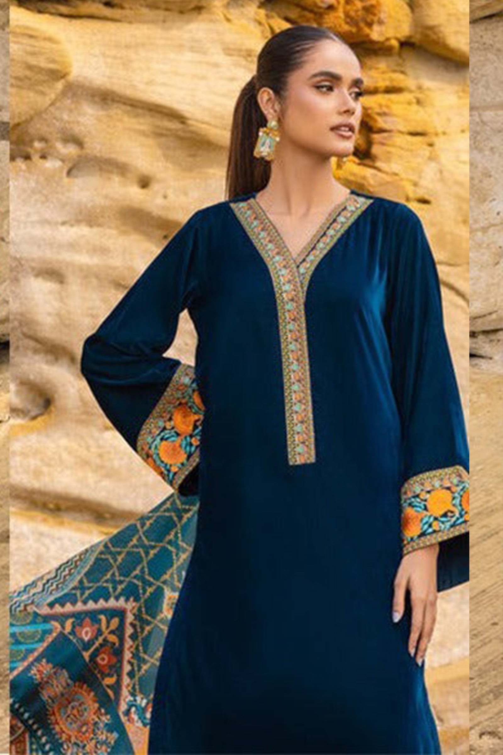 zn821-WINTER Velvet Embroidered    printed duppatta Winter Collection