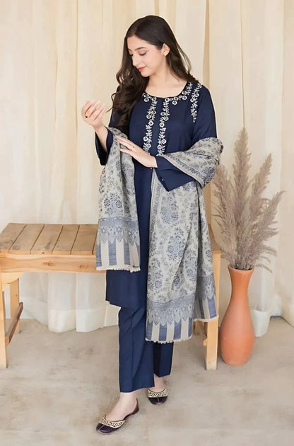 ZN627-3PC Dhannak Embroidered suit with Printed Shawll