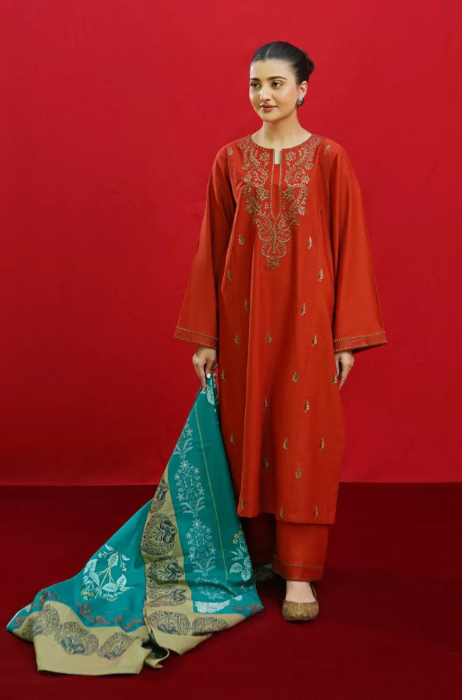 ZN963-WINTER 3PC Dhannak Embroidered suit with Printed Shawll