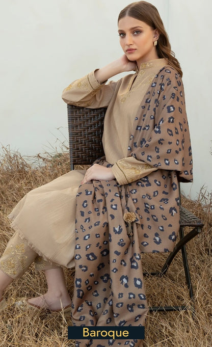 ZN958-WINTER 3PC Dhannak Embroidered suit with Printed Shawll