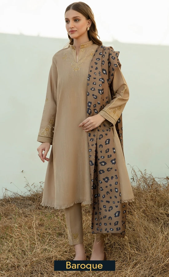 ZN958-WINTER 3PC Dhannak Embroidered suit with Printed Shawll