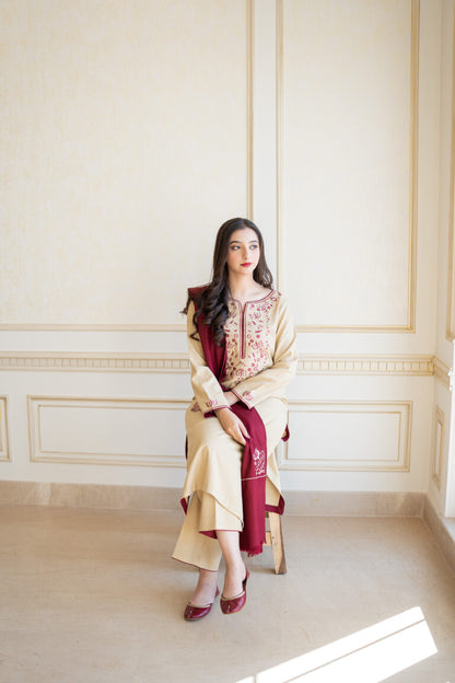 ZN614-WINTER 3PC Dhanak suit with Embroidered Shawll