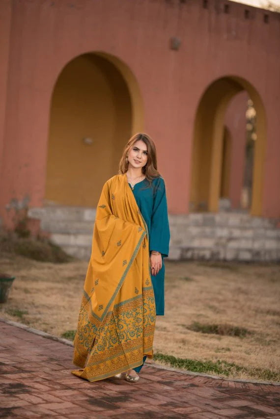 ZN554-3 Piece Dhanak Suit with digital printed wool shawll