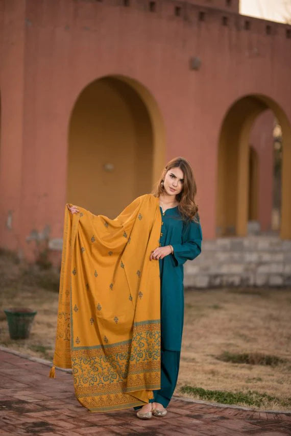 ZN554-3 Piece Dhanak Suit with digital printed wool shawll