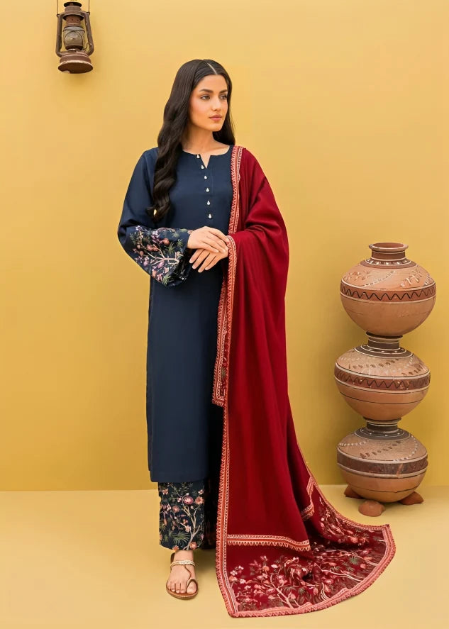 ZN918-WINTER 3-Pc Embroidered Dhanak Suit with Heavy Embroidered Dhanak Shawll