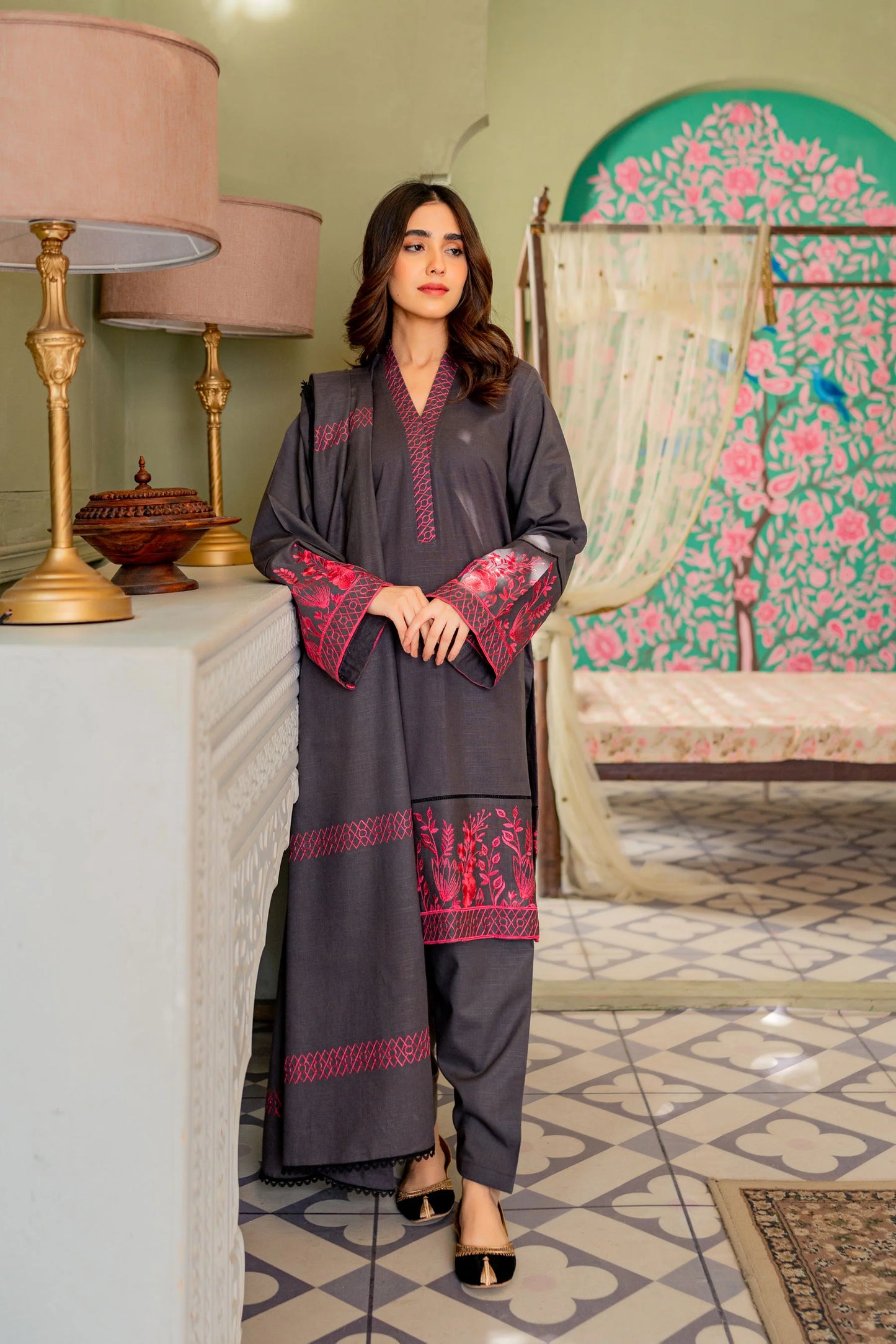 ZN591-Winter 3PC Dhanak suit with Embroidered Shawll