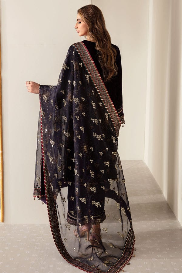 ZN910-Winter Unstitched 3PCs Velvet Dress With Embroidered Organza Dupatta