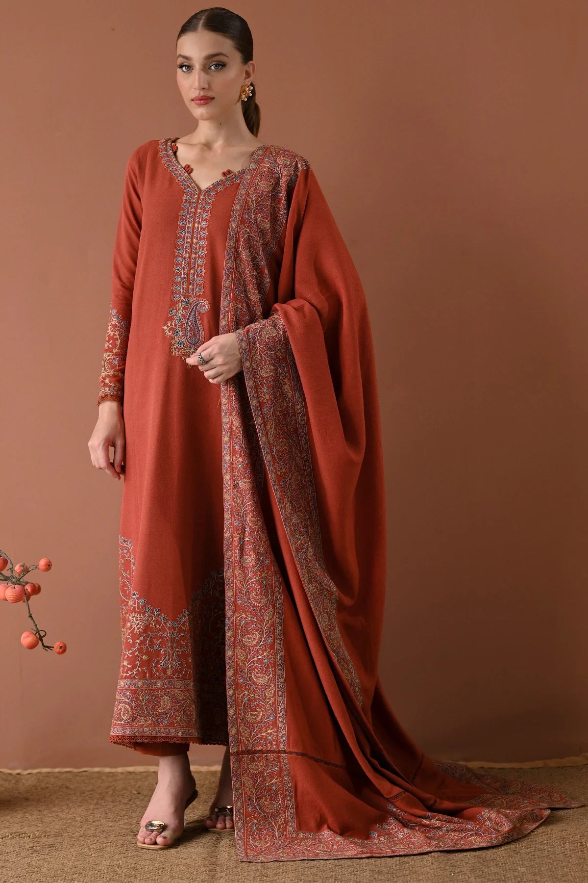 ZN1260 BATIK-3PC DHANAK EMBROIDERED SHIRT WITH DHANAK EMBROIDERED SHAWL AND TROUSER