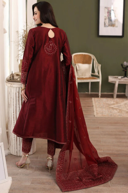 ZN580- Winter, unstiched 3 piece Raw silk frock style embroidered suit With Embroidered Organza Dupptta
