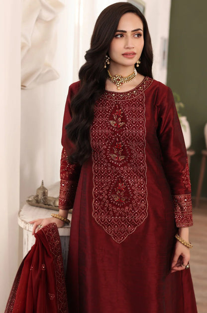 ZN580- Winter, unstiched 3 piece Raw silk frock style embroidered suit With Embroidered Organza Dupptta