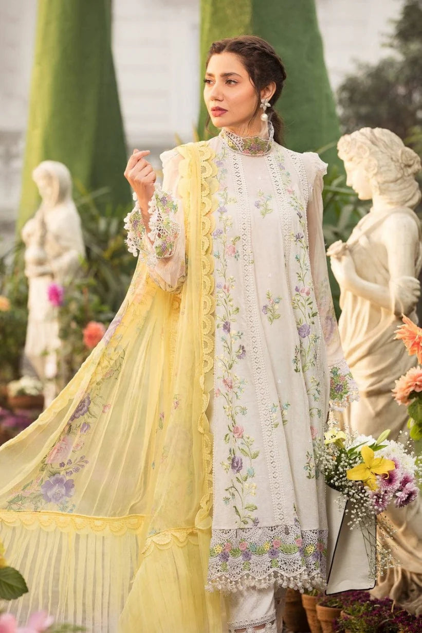 ZN782-Sapphire - 3PC Lawn Heavy Embroidered Shirt With Paper Cotton Printed Dupatta