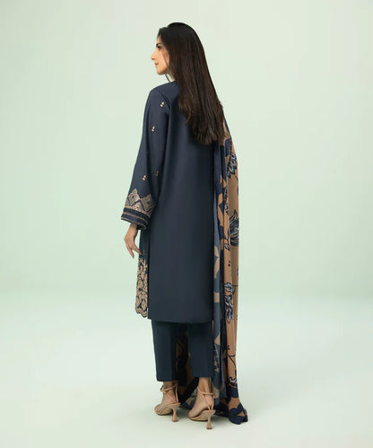 ZN588-WINTER 3PC Dhannak Embroidered suit with Printed Shawll