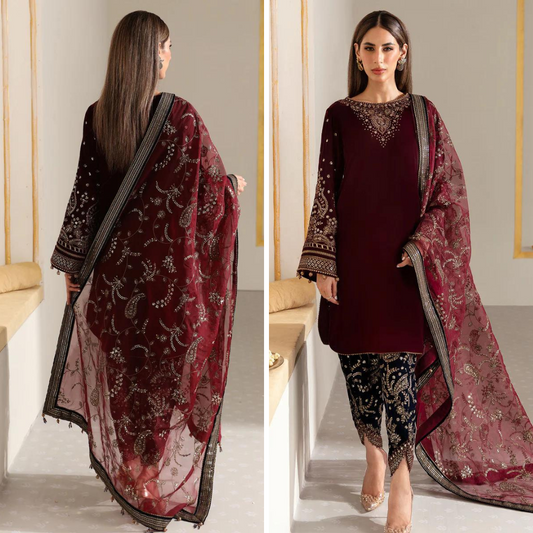 ZN901-Winter Velvet Unstitched 3PCs Embroidered  Dress With Organza Dupatta