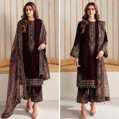 ZN902-Winter Velvet Unstitched 3PCs Embroidered Dress With Organza Dupatta