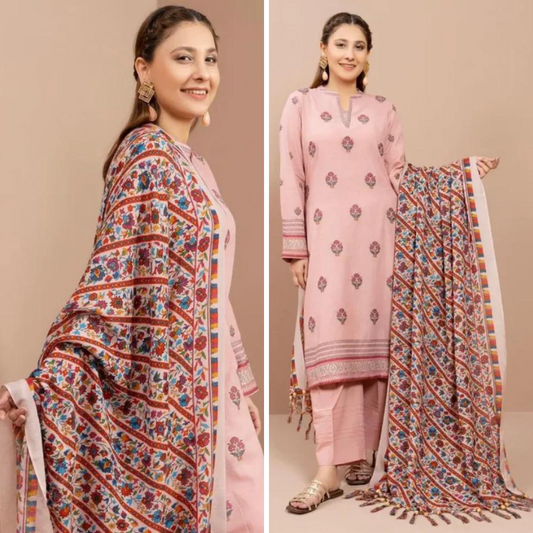 ZN903-WINTER 3PC Unstitched  Dhannak Embroidered suit with Printed Shawll