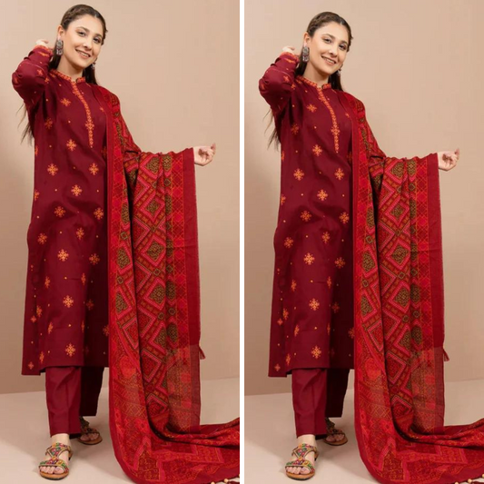 ZN905-3PC Winter Dhannak Embroidered suit with Printed Shawll