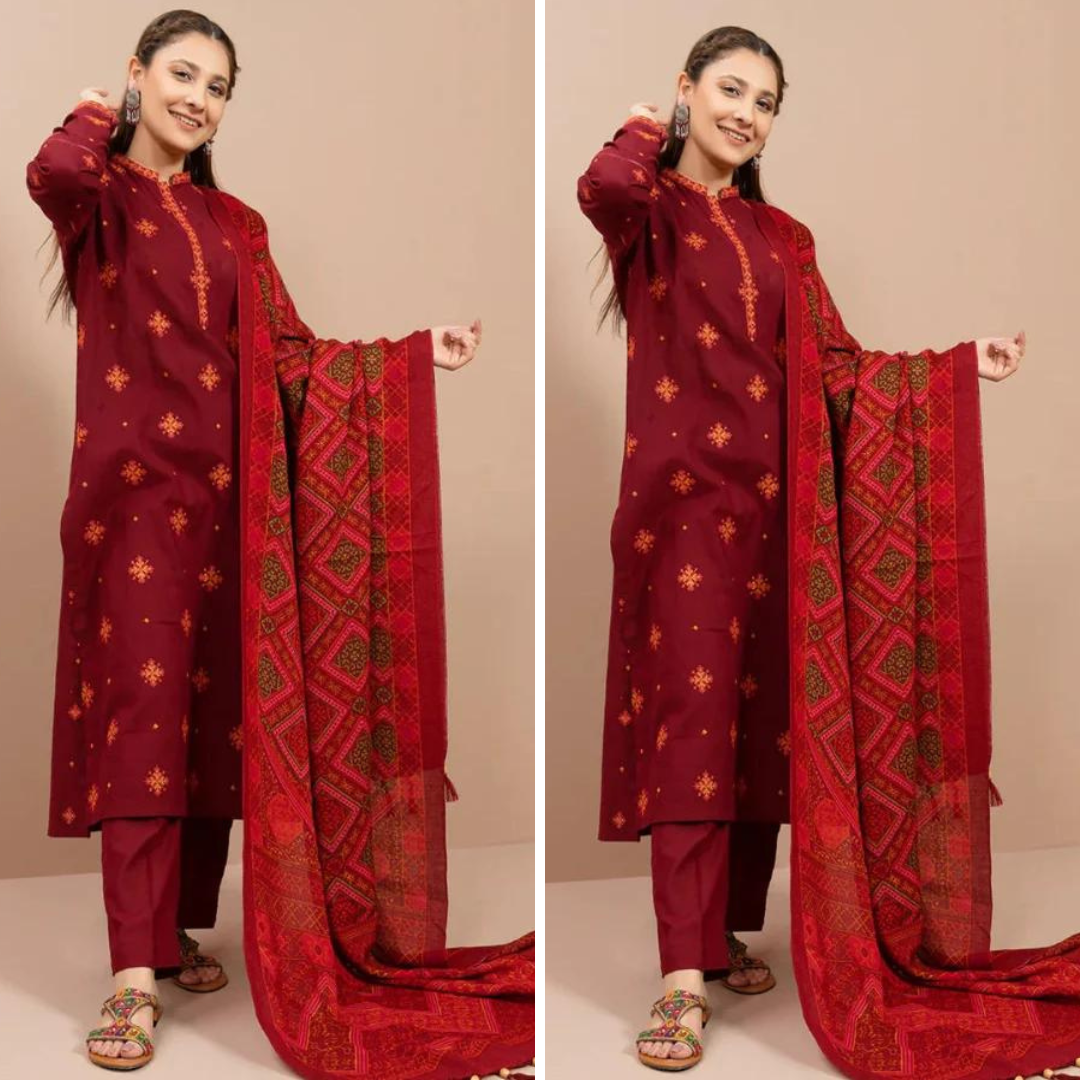 ZN905-3PC Winter Dhannak Embroidered suit with Printed Shawll