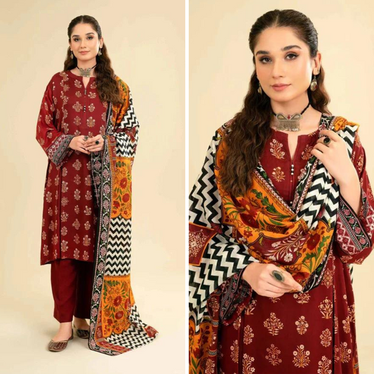 ZN906-3PC Winter Dhannak Embroidered suit with Printed Shawll