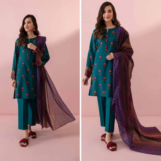 ZN907-3PC Winter Dhannak Embroidered suit with Printed Shawll